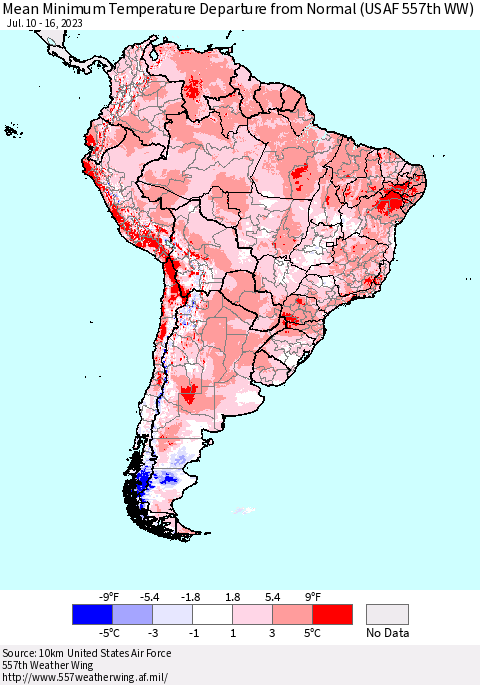 South America Mean Minimum Temperature Departure from Normal (USAF 557th WW) Thematic Map For 7/10/2023 - 7/16/2023