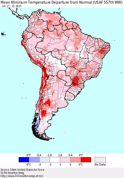 South America Mean Minimum Temperature Departure from Normal (USAF 557th WW) Thematic Map For 7/17/2023 - 7/23/2023