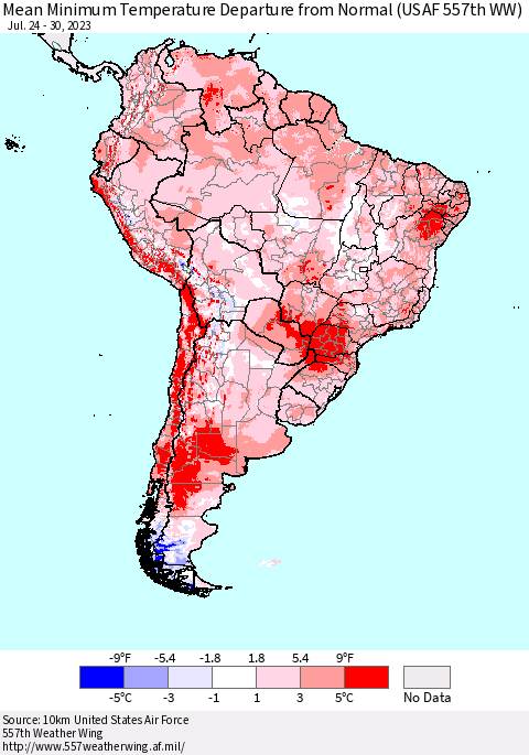 South America Mean Minimum Temperature Departure from Normal (USAF 557th WW) Thematic Map For 7/24/2023 - 7/30/2023