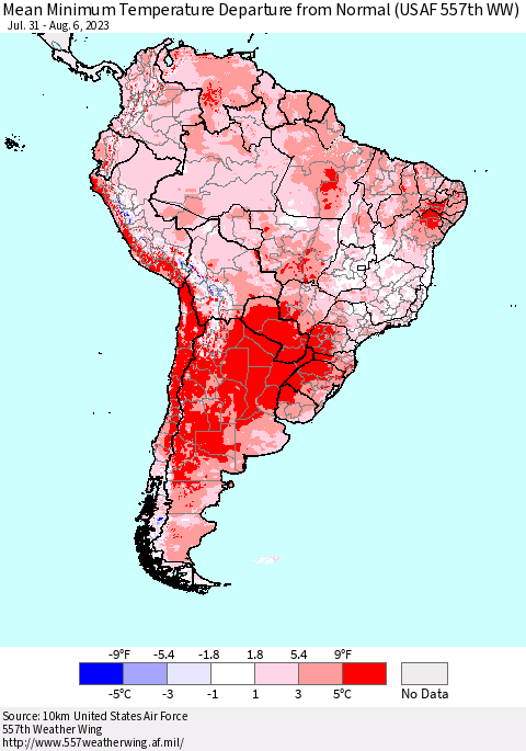 South America Mean Minimum Temperature Departure from Normal (USAF 557th WW) Thematic Map For 7/31/2023 - 8/6/2023