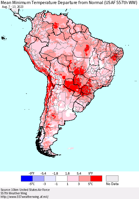 South America Mean Minimum Temperature Departure from Normal (USAF 557th WW) Thematic Map For 8/7/2023 - 8/13/2023