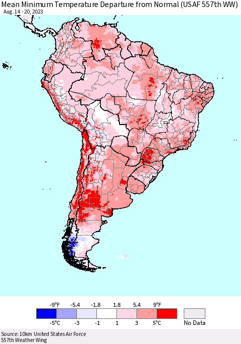 South America Mean Minimum Temperature Departure from Normal (USAF 557th WW) Thematic Map For 8/14/2023 - 8/20/2023