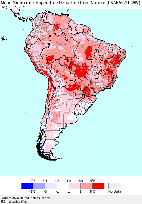 South America Mean Minimum Temperature Departure from Normal (USAF 557th WW) Thematic Map For 8/21/2023 - 8/27/2023