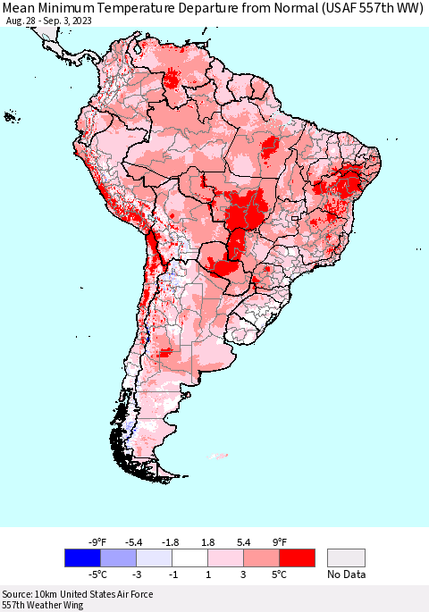South America Mean Minimum Temperature Departure from Normal (USAF 557th WW) Thematic Map For 8/28/2023 - 9/3/2023