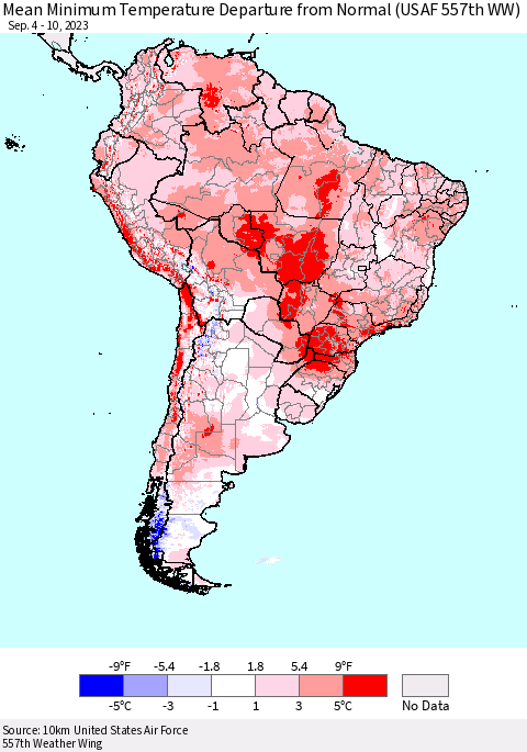 South America Mean Minimum Temperature Departure from Normal (USAF 557th WW) Thematic Map For 9/4/2023 - 9/10/2023