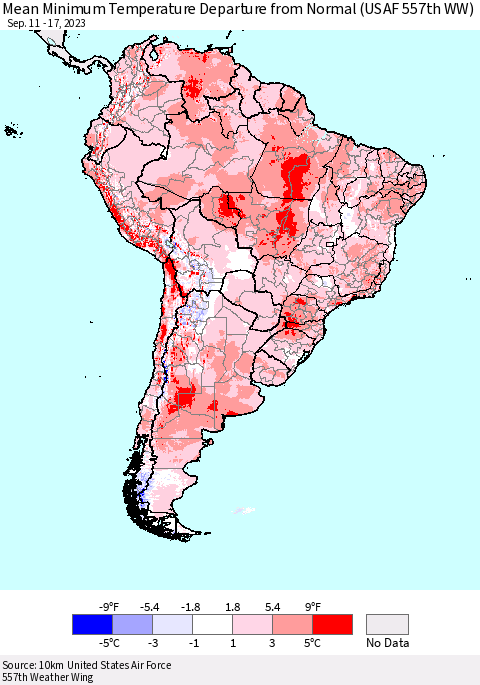 South America Mean Minimum Temperature Departure from Normal (USAF 557th WW) Thematic Map For 9/11/2023 - 9/17/2023