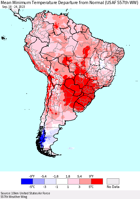 South America Mean Minimum Temperature Departure from Normal (USAF 557th WW) Thematic Map For 9/18/2023 - 9/24/2023