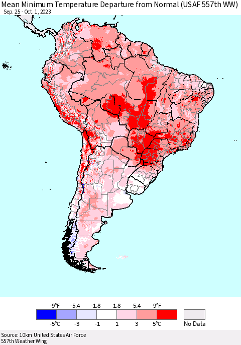 South America Mean Minimum Temperature Departure from Normal (USAF 557th WW) Thematic Map For 9/25/2023 - 10/1/2023