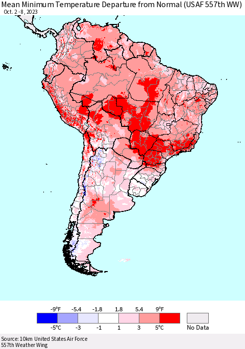 South America Mean Minimum Temperature Departure from Normal (USAF 557th WW) Thematic Map For 10/2/2023 - 10/8/2023