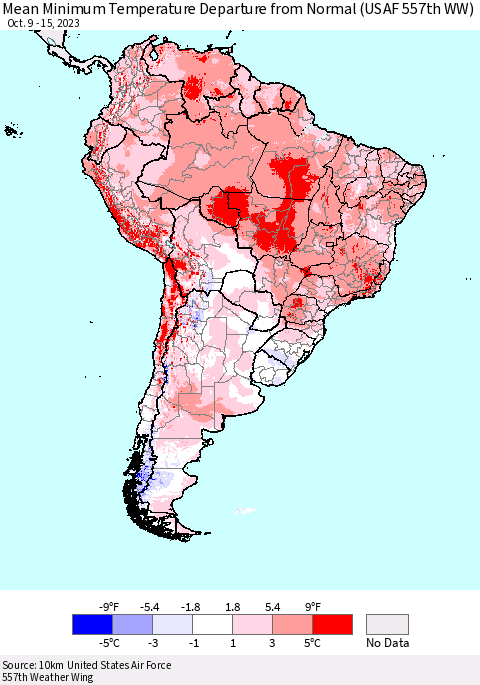 South America Mean Minimum Temperature Departure from Normal (USAF 557th WW) Thematic Map For 10/9/2023 - 10/15/2023