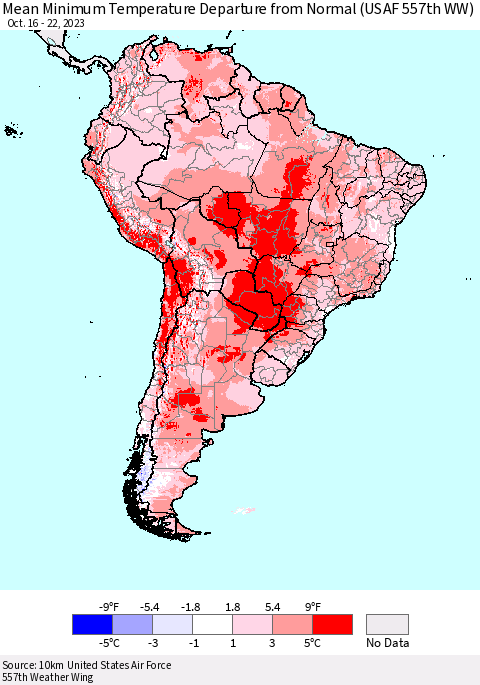 South America Mean Minimum Temperature Departure from Normal (USAF 557th WW) Thematic Map For 10/16/2023 - 10/22/2023