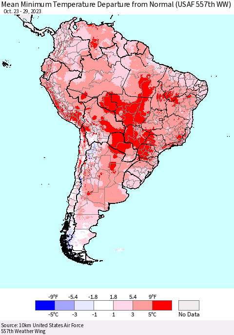 South America Mean Minimum Temperature Departure from Normal (USAF 557th WW) Thematic Map For 10/23/2023 - 10/29/2023