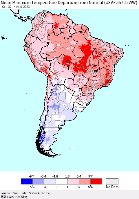 South America Mean Minimum Temperature Departure from Normal (USAF 557th WW) Thematic Map For 10/30/2023 - 11/5/2023