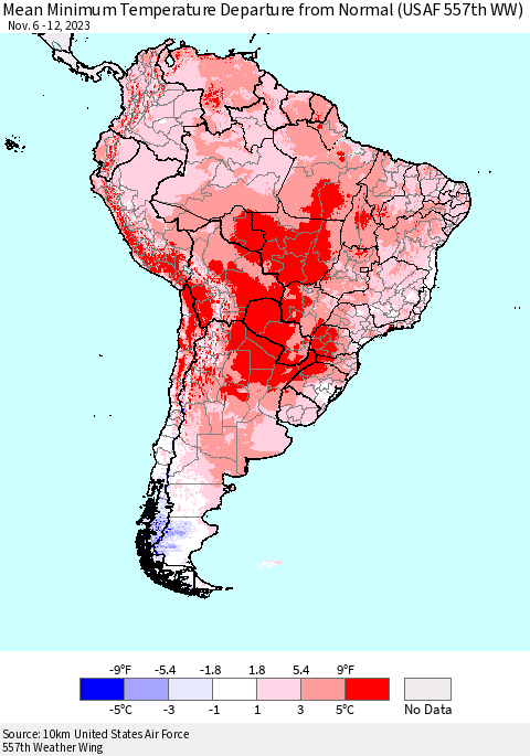South America Mean Minimum Temperature Departure from Normal (USAF 557th WW) Thematic Map For 11/6/2023 - 11/12/2023