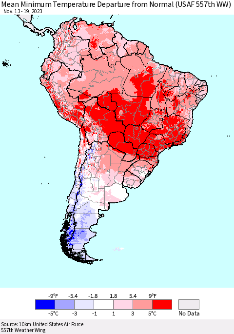 South America Mean Minimum Temperature Departure from Normal (USAF 557th WW) Thematic Map For 11/13/2023 - 11/19/2023