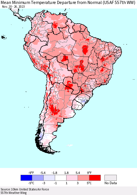 South America Mean Minimum Temperature Departure from Normal (USAF 557th WW) Thematic Map For 11/20/2023 - 11/26/2023