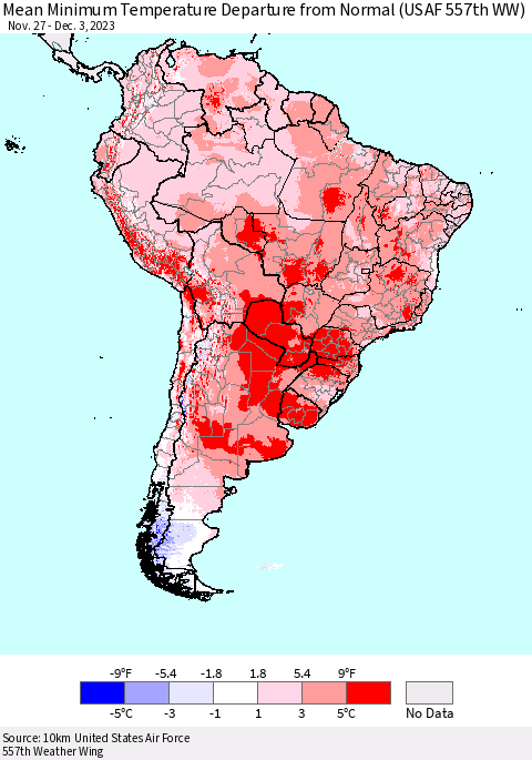 South America Mean Minimum Temperature Departure from Normal (USAF 557th WW) Thematic Map For 11/27/2023 - 12/3/2023