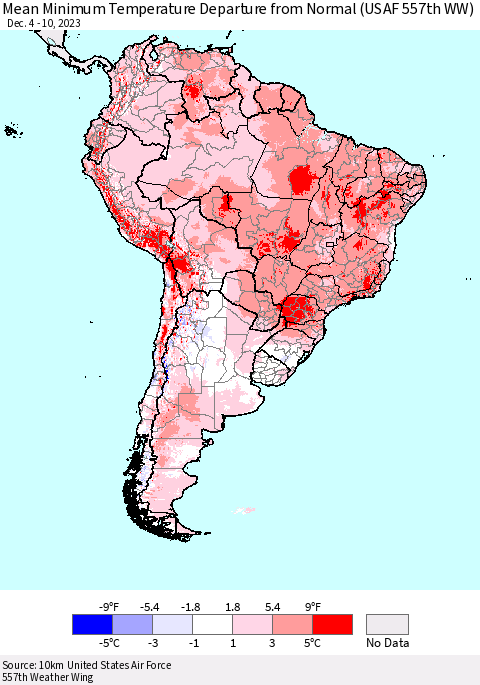 South America Mean Minimum Temperature Departure from Normal (USAF 557th WW) Thematic Map For 12/4/2023 - 12/10/2023