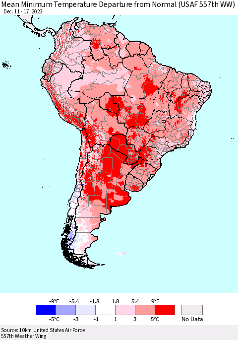 South America Mean Minimum Temperature Departure from Normal (USAF 557th WW) Thematic Map For 12/11/2023 - 12/17/2023