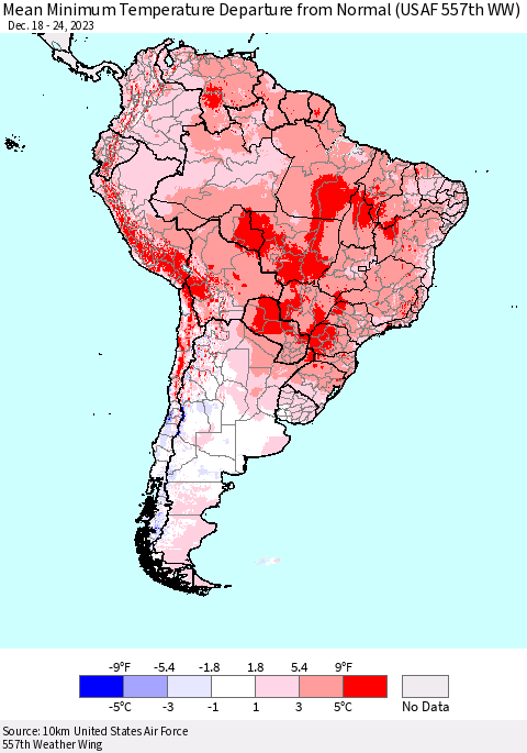 South America Mean Minimum Temperature Departure from Normal (USAF 557th WW) Thematic Map For 12/18/2023 - 12/24/2023