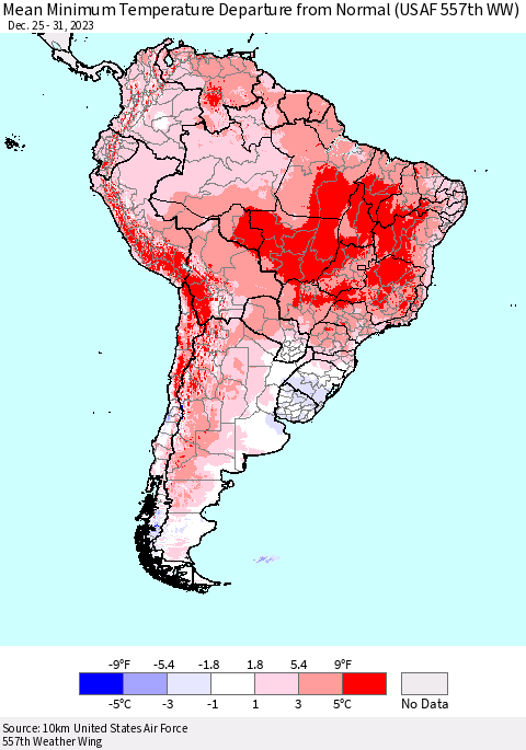 South America Mean Minimum Temperature Departure from Normal (USAF 557th WW) Thematic Map For 12/25/2023 - 12/31/2023