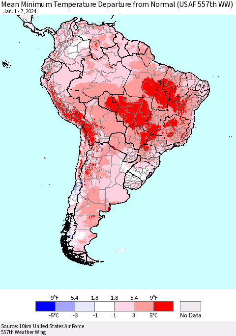 South America Mean Minimum Temperature Departure from Normal (USAF 557th WW) Thematic Map For 1/1/2024 - 1/7/2024