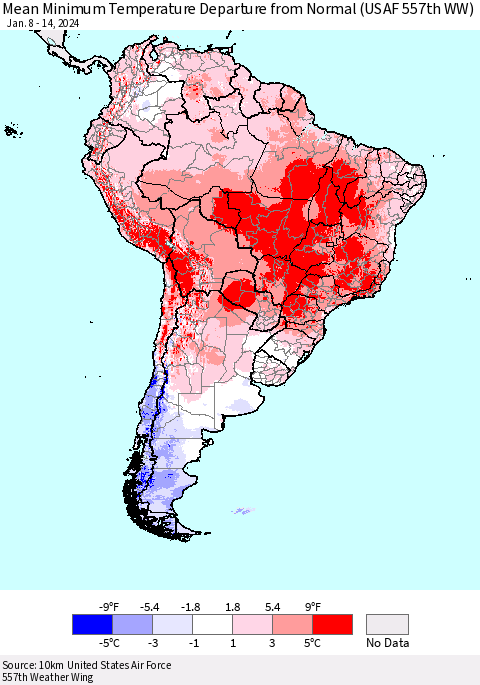 South America Mean Minimum Temperature Departure from Normal (USAF 557th WW) Thematic Map For 1/8/2024 - 1/14/2024