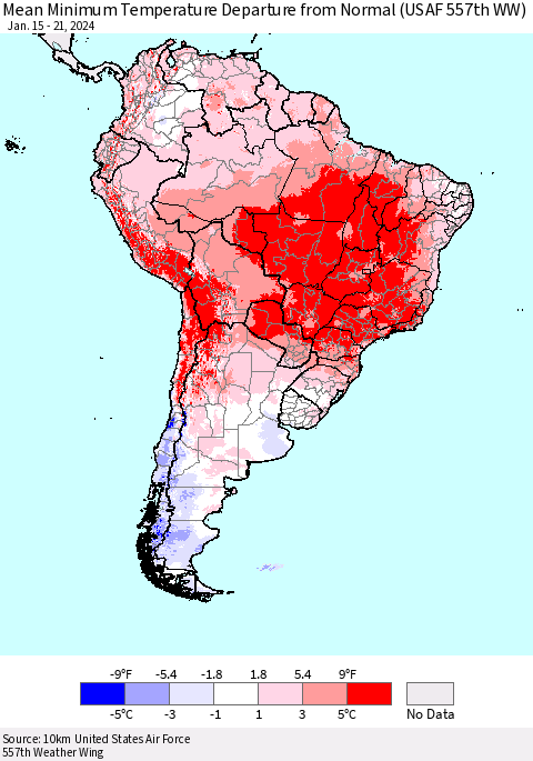 South America Mean Minimum Temperature Departure from Normal (USAF 557th WW) Thematic Map For 1/15/2024 - 1/21/2024