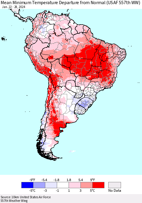South America Mean Minimum Temperature Departure from Normal (USAF 557th WW) Thematic Map For 1/22/2024 - 1/28/2024