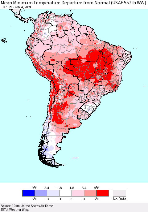 South America Mean Minimum Temperature Departure from Normal (USAF 557th WW) Thematic Map For 1/29/2024 - 2/4/2024