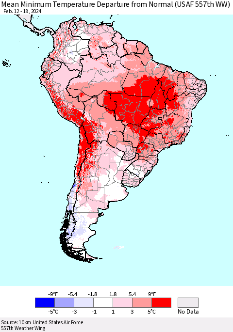 South America Mean Minimum Temperature Departure from Normal (USAF 557th WW) Thematic Map For 2/12/2024 - 2/18/2024