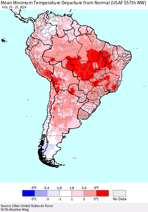 South America Mean Minimum Temperature Departure from Normal (USAF 557th WW) Thematic Map For 2/19/2024 - 2/25/2024