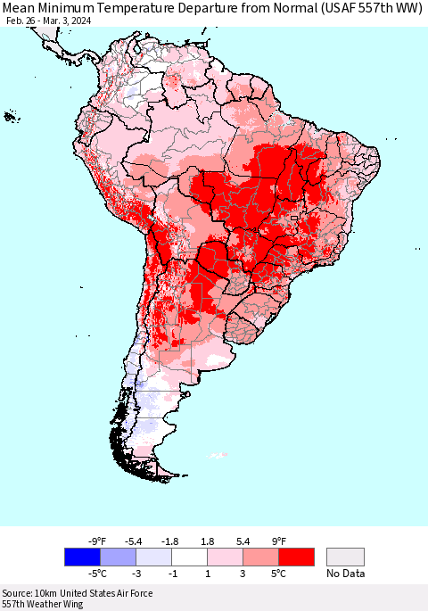 South America Mean Minimum Temperature Departure from Normal (USAF 557th WW) Thematic Map For 2/26/2024 - 3/3/2024