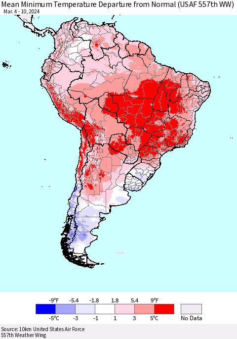 South America Mean Minimum Temperature Departure from Normal (USAF 557th WW) Thematic Map For 3/4/2024 - 3/10/2024