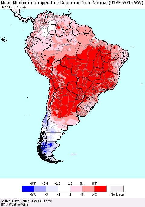 South America Mean Minimum Temperature Departure from Normal (USAF 557th WW) Thematic Map For 3/11/2024 - 3/17/2024