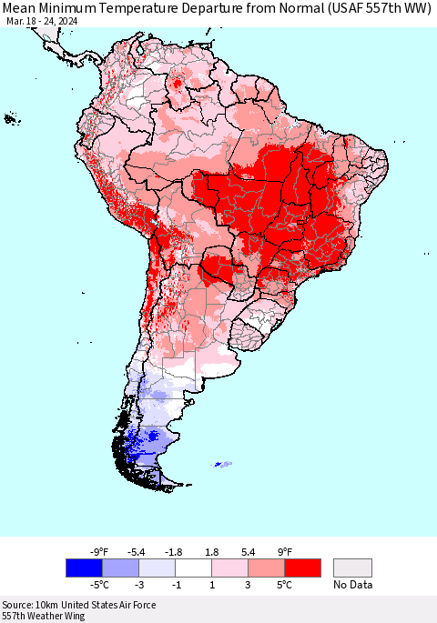 South America Mean Minimum Temperature Departure from Normal (USAF 557th WW) Thematic Map For 3/18/2024 - 3/24/2024