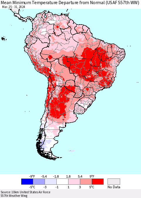 South America Mean Minimum Temperature Departure from Normal (USAF 557th WW) Thematic Map For 3/25/2024 - 3/31/2024
