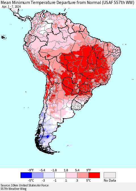 South America Mean Minimum Temperature Departure from Normal (USAF 557th WW) Thematic Map For 4/1/2024 - 4/7/2024