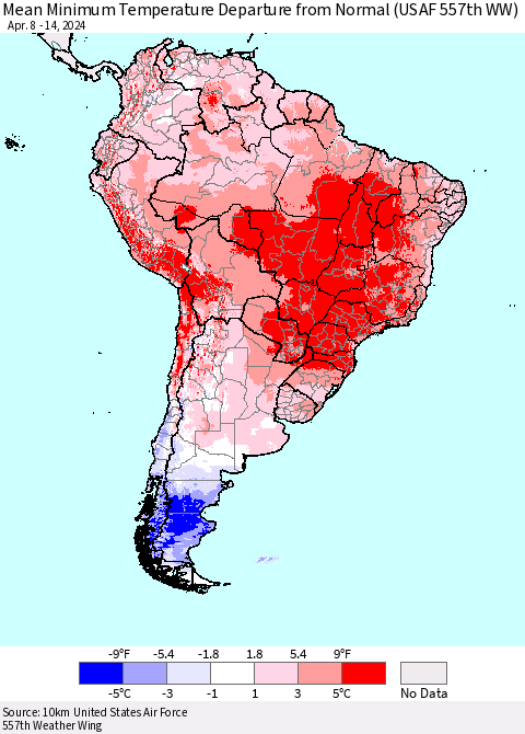 South America Mean Minimum Temperature Departure from Normal (USAF 557th WW) Thematic Map For 4/8/2024 - 4/14/2024