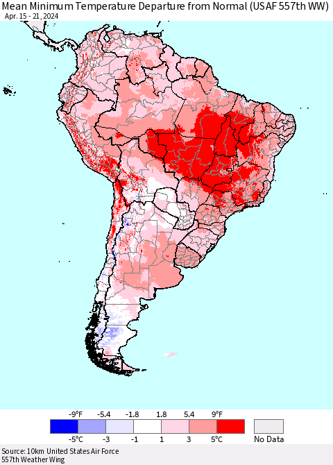 South America Mean Minimum Temperature Departure from Normal (USAF 557th WW) Thematic Map For 4/15/2024 - 4/21/2024