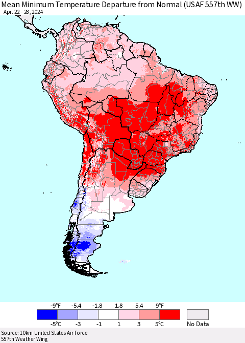 South America Mean Minimum Temperature Departure from Normal (USAF 557th WW) Thematic Map For 4/22/2024 - 4/28/2024