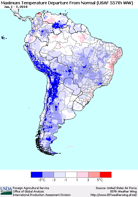 South America Mean Maximum Temperature Departure from Normal (USAF 557th WW) Thematic Map For 1/1/2018 - 1/7/2018