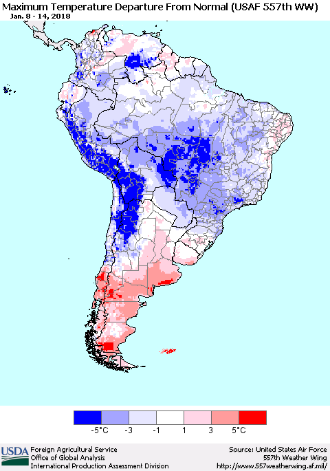 South America Mean Maximum Temperature Departure from Normal (USAF 557th WW) Thematic Map For 1/8/2018 - 1/14/2018