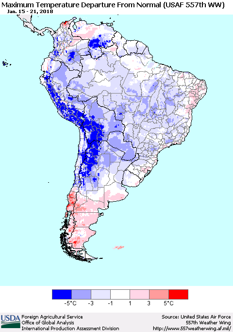 South America Mean Maximum Temperature Departure from Normal (USAF 557th WW) Thematic Map For 1/15/2018 - 1/21/2018