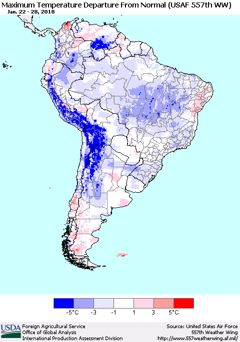 South America Mean Maximum Temperature Departure from Normal (USAF 557th WW) Thematic Map For 1/22/2018 - 1/28/2018