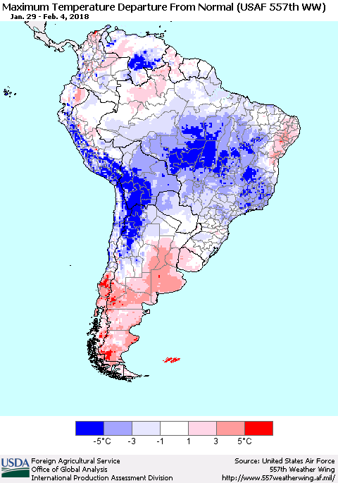 South America Mean Maximum Temperature Departure from Normal (USAF 557th WW) Thematic Map For 1/29/2018 - 2/4/2018