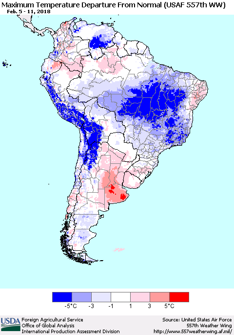 South America Mean Maximum Temperature Departure from Normal (USAF 557th WW) Thematic Map For 2/5/2018 - 2/11/2018