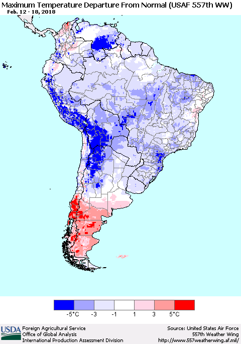 South America Mean Maximum Temperature Departure from Normal (USAF 557th WW) Thematic Map For 2/12/2018 - 2/18/2018