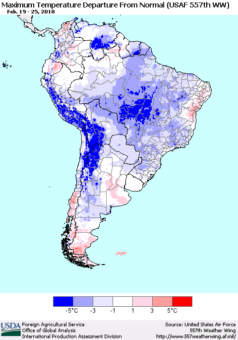 South America Mean Maximum Temperature Departure from Normal (USAF 557th WW) Thematic Map For 2/19/2018 - 2/25/2018