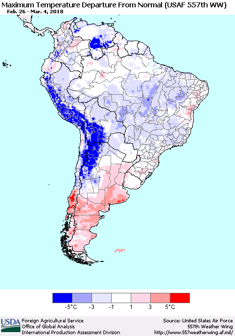 South America Mean Maximum Temperature Departure from Normal (USAF 557th WW) Thematic Map For 2/26/2018 - 3/4/2018